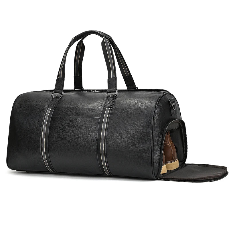 Black leather travel bag, durable design for weekend trips