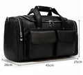 Black leather travel bag with multiple pockets for versatile use
