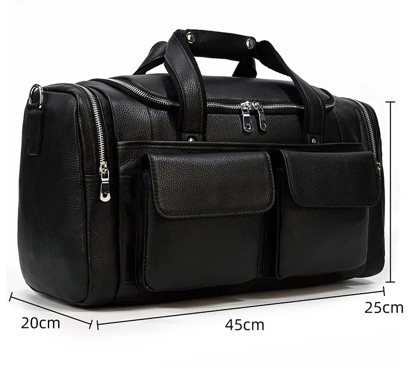 Black leather travel bag with multiple pockets for versatile use