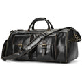 Black leather travel bag with multiple pockets and adjustable strap