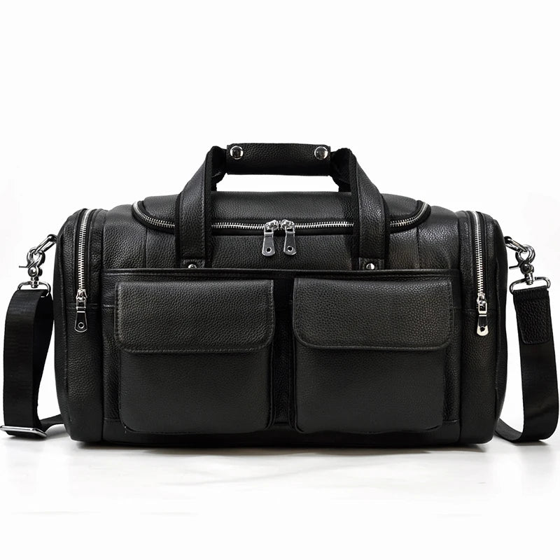 Black leather travel bag with multiple pockets for organization