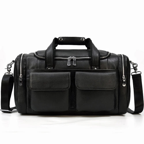 Black leather travel bag with multiple pockets for organization