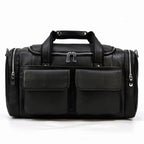 Black leather travel bag with multiple zippered pockets for convenience