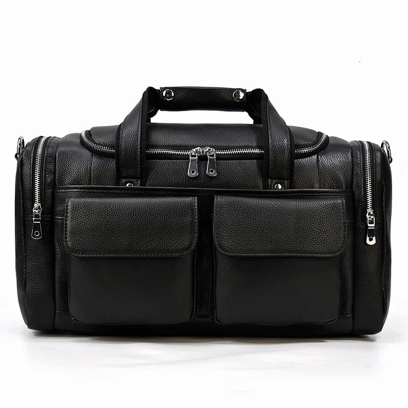 Black leather travel bag with multiple zippered pockets for convenience