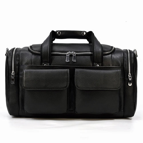 Black leather travel bag with multiple zippered pockets for convenience