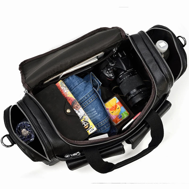 Black leather travel bag for photography and daily essentials