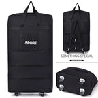 Black rolling travel bag with sturdy wheels and adjustable straps