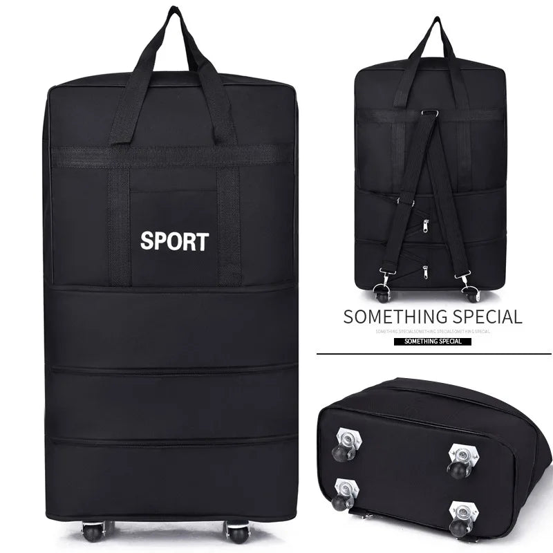 Black rolling travel bag with sturdy wheels and adjustable straps