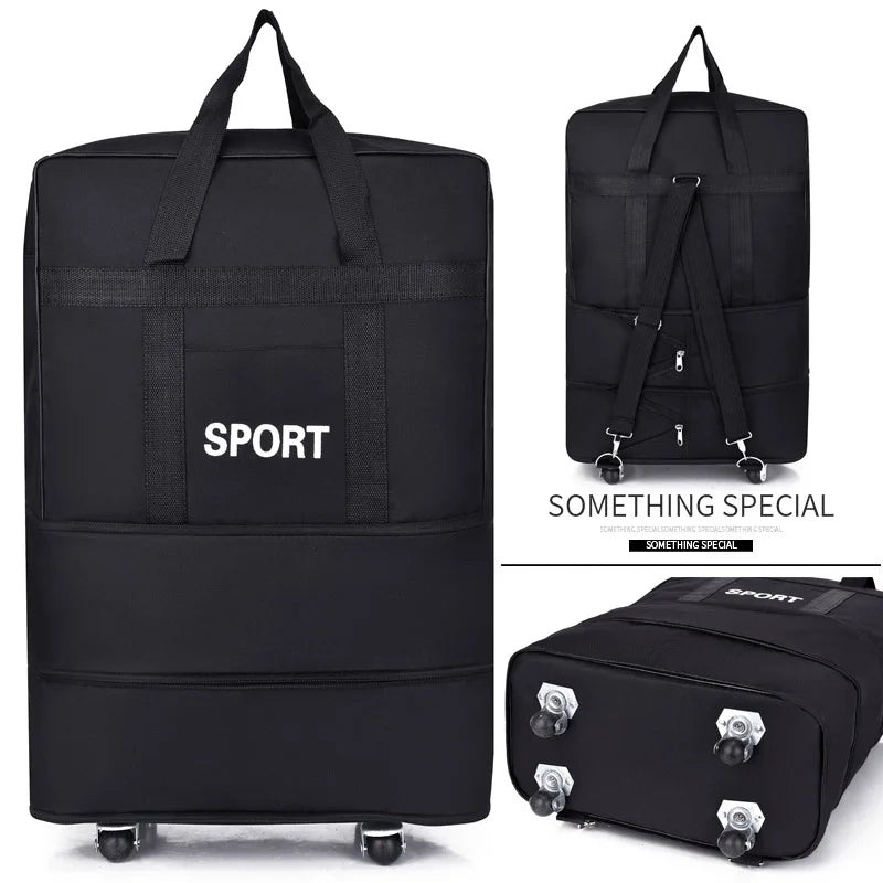 Black travel bag on wheels, durable material for easy transportation