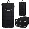 Black travel bag with wheels, ideal for sports equipment