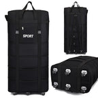 Black travel bag with wheels, ideal for sports equipment