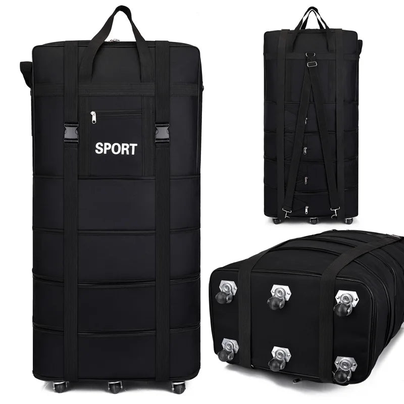 Black travel bag with wheels, ideal for sports equipment