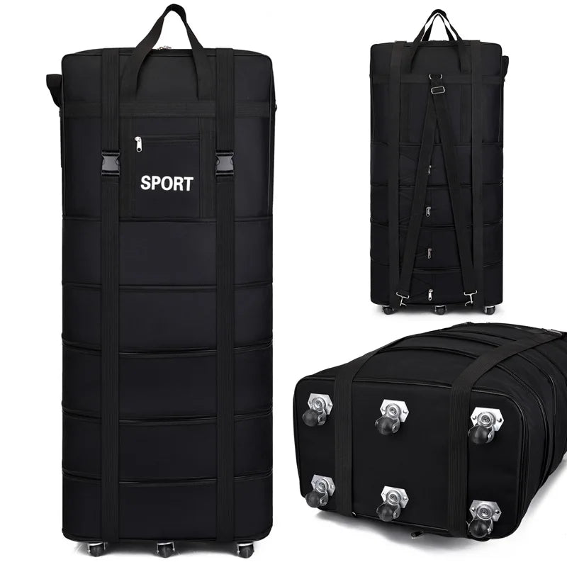 Black travel bag with durable material, designed for sports gear