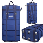 Blue travel bag with wheels, durable material for sports and travel