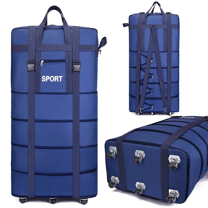 Blue travel bag with wheels, durable material for sports and travel