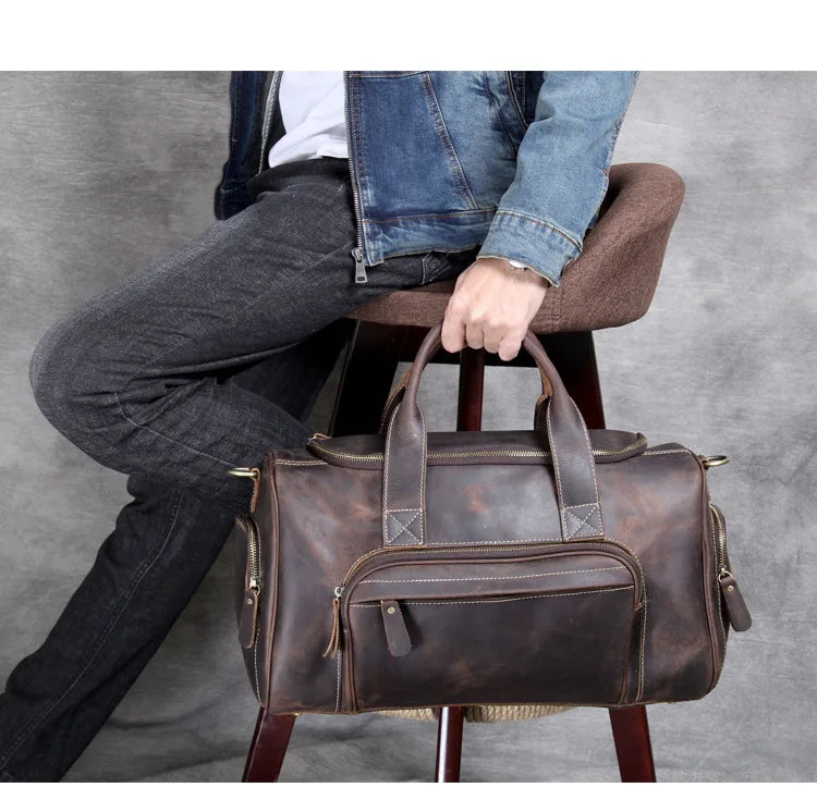 Men's brown leather travel bag for weekend getaways