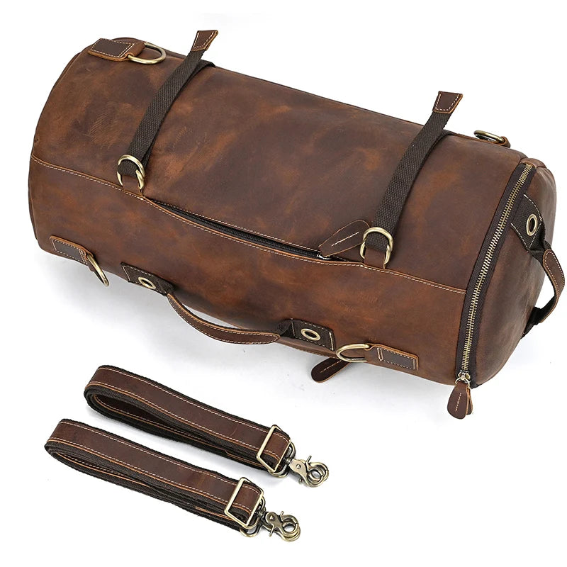 Brown leather travel bag with sturdy straps for weekend getaways