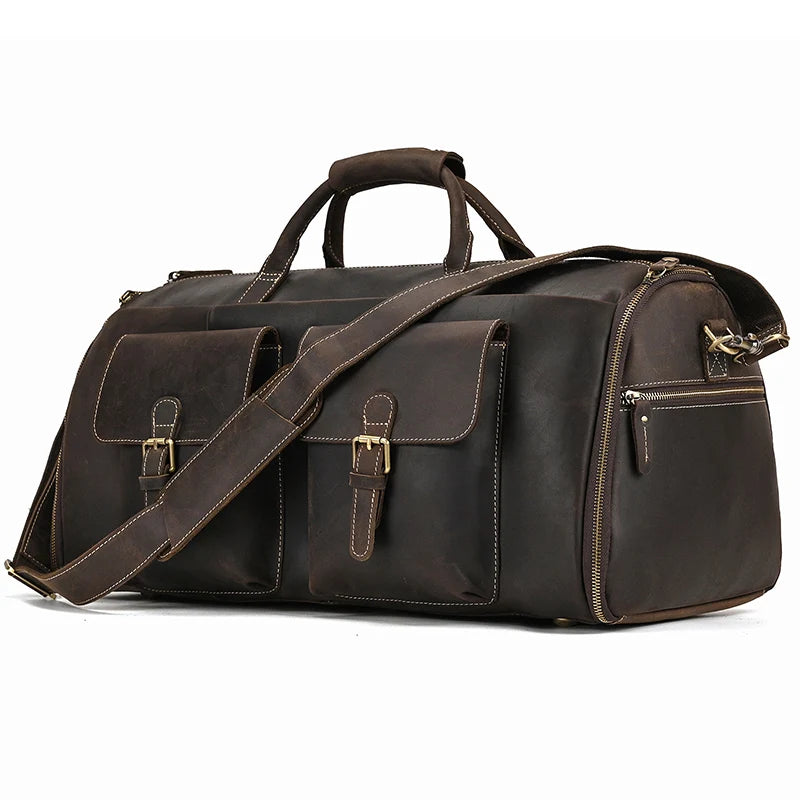 Brown leather travel bag with spacious compartments for weekend trips