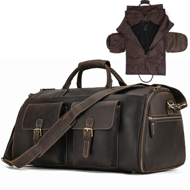 Brown leather travel bag with multiple pockets and detachable straps