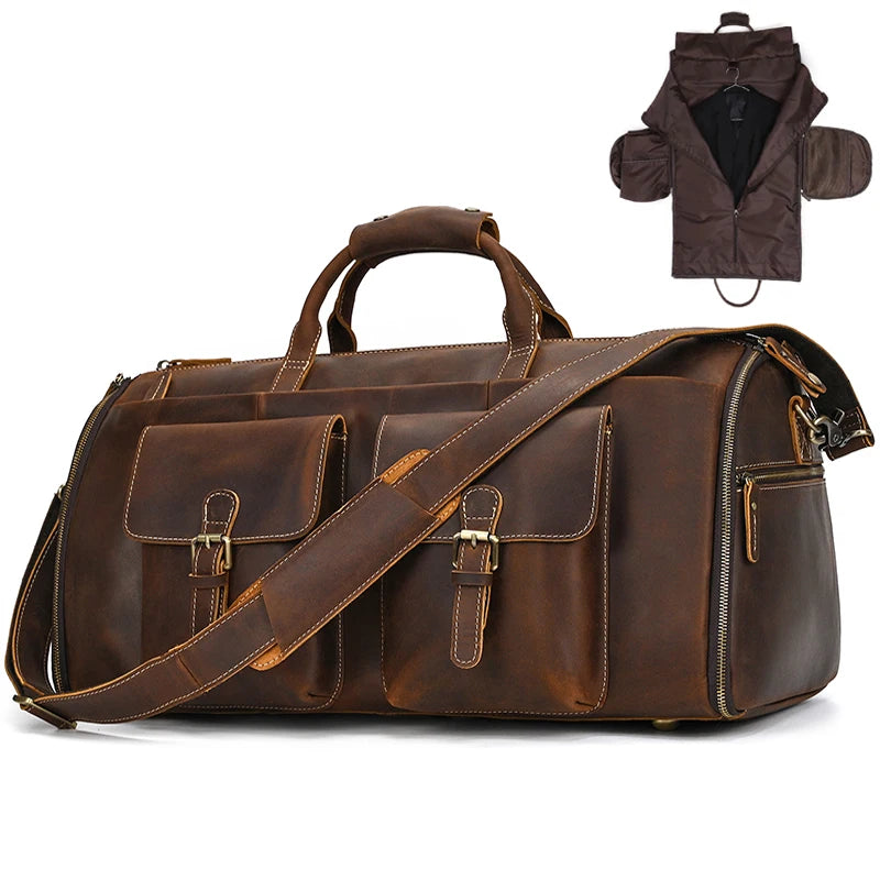 Brown leather travel bag with multiple compartments for weekend getaways