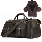 Brown leather travel bag with multiple pockets for convenient travel