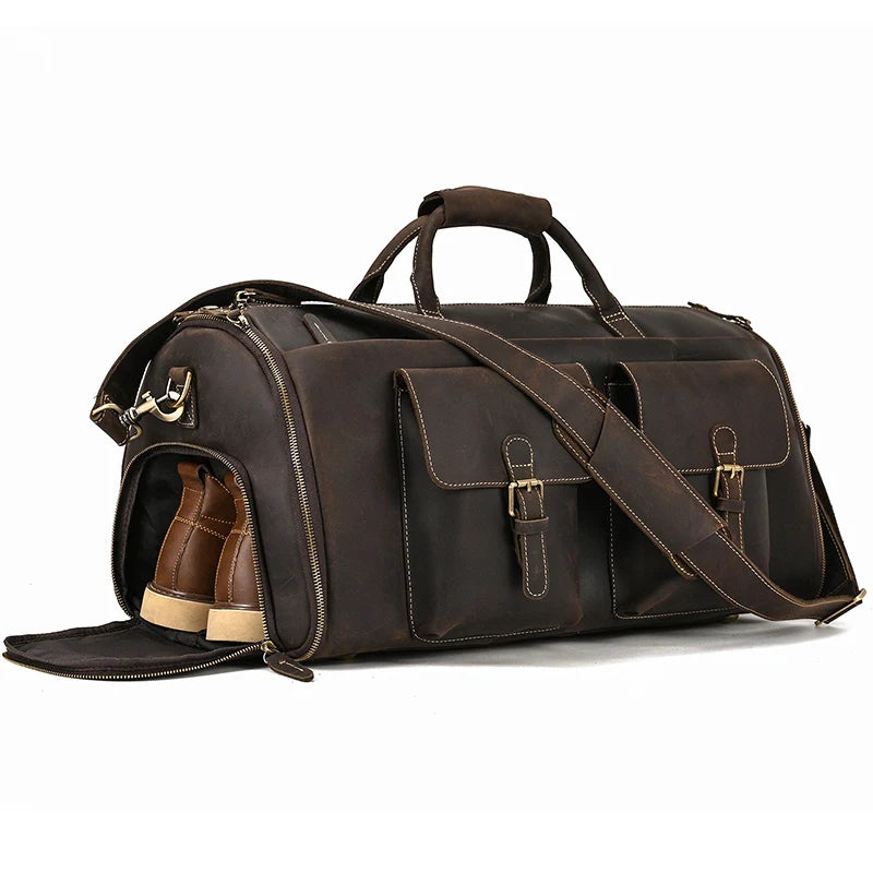 Brown leather travel bag with shoe compartment for weekend trips