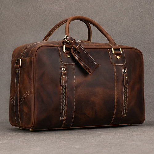 Brown leather travel bag for mens, perfect for weekend trips