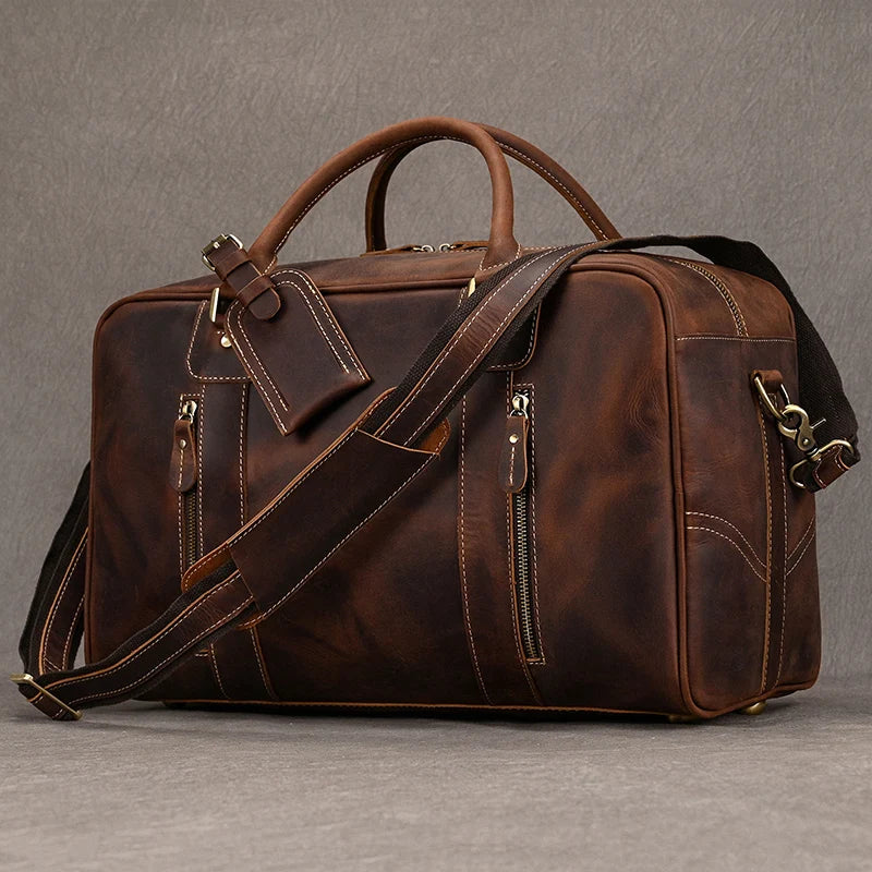 Brown leather travel bag for mens, perfect for weekend trips