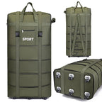 Green travel bag with durable material and wheels for easy transport