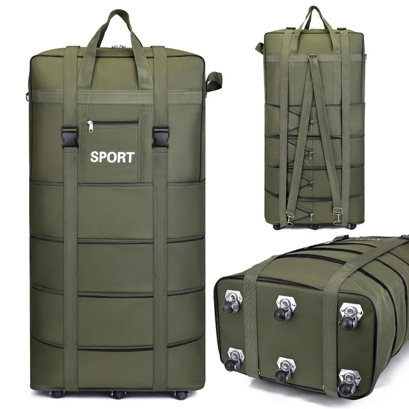 Green travel bag with durable material and wheels for easy transport