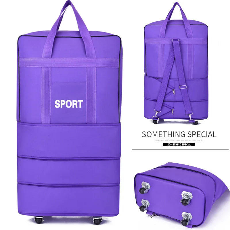 Purple travel bag with wheels, durable material for easy transport