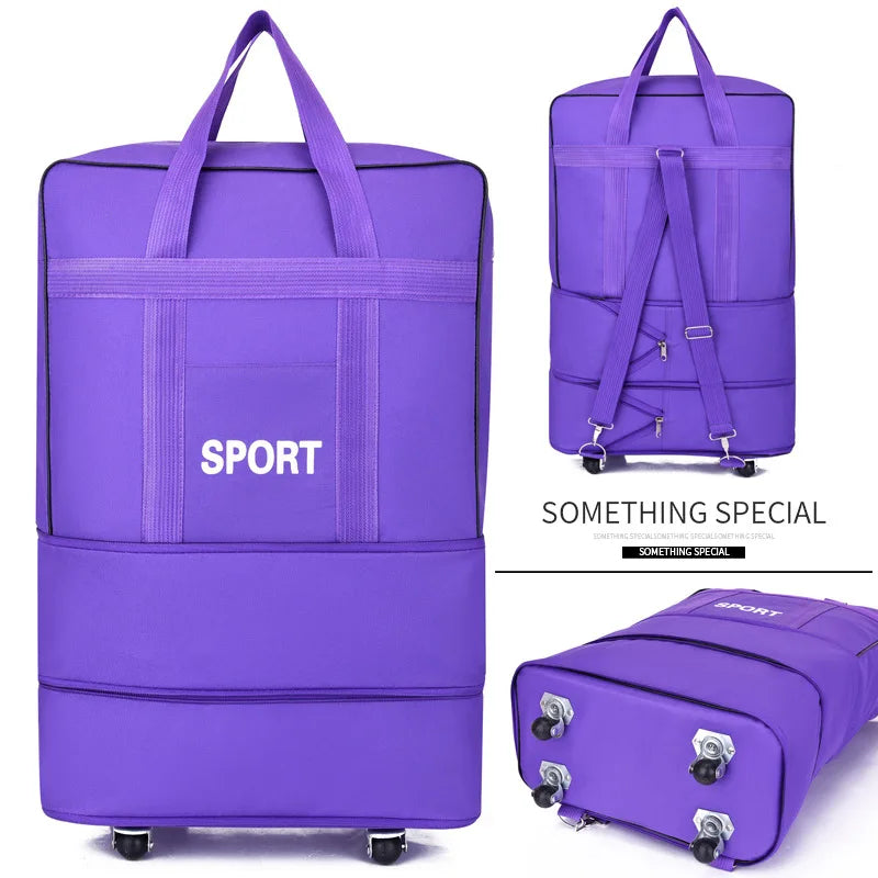 Purple travel bag with wheels, durable fabric for easy transport