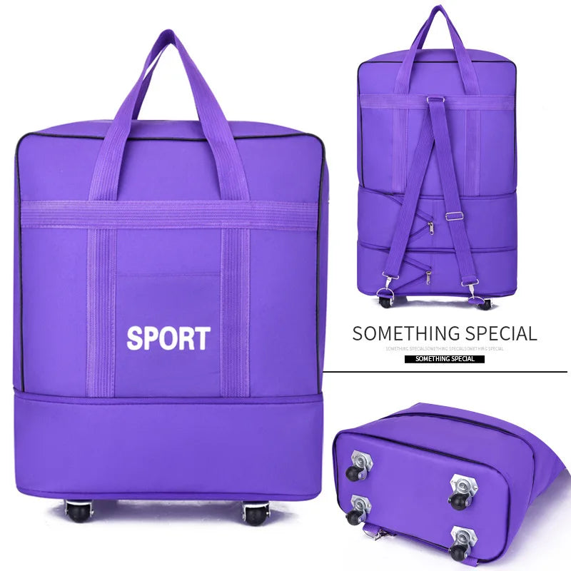 Purple travel bag with wheels, ideal for sports and outdoor activities