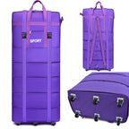 purple travel bag with wheels, designed for sports and outdoor use
