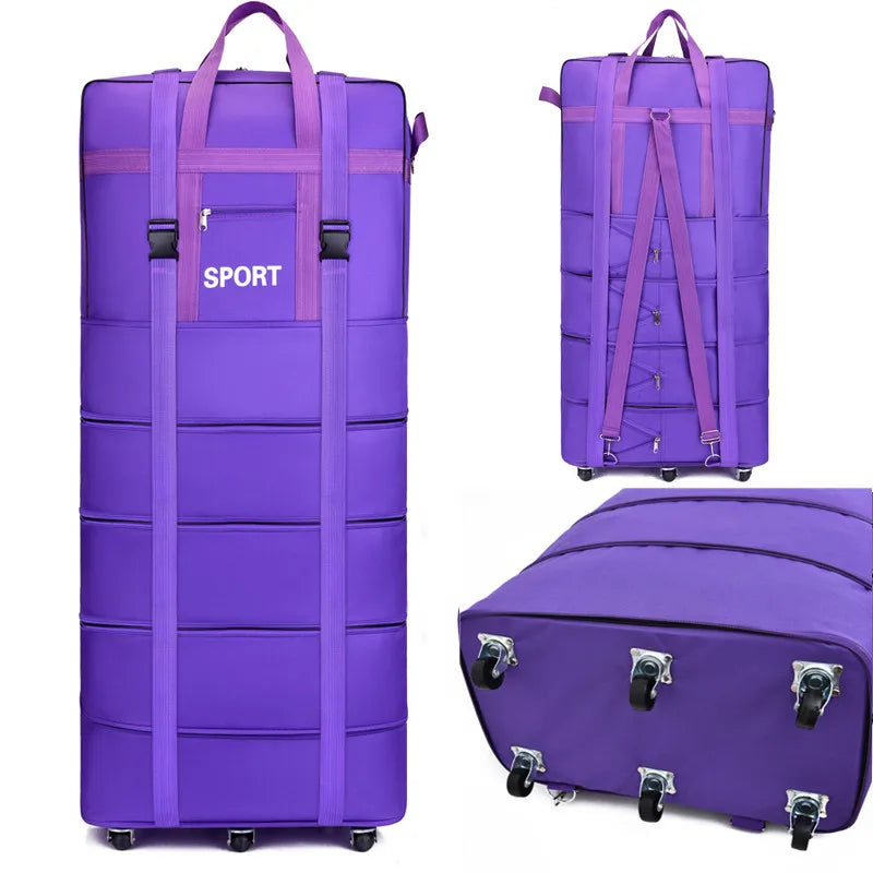 purple travel bag with wheels, designed for sports and outdoor use
