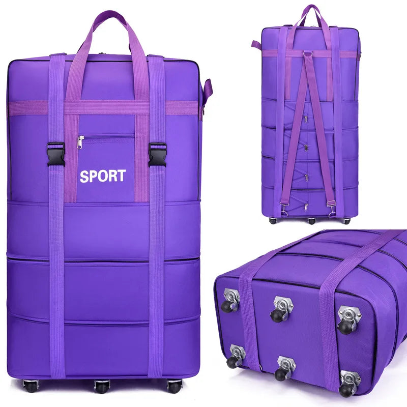 Purple travel bag with durable material and wheels for easy transport