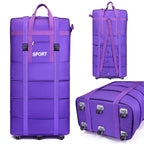 Purple travel bag with wheels, durable material for sports and travel