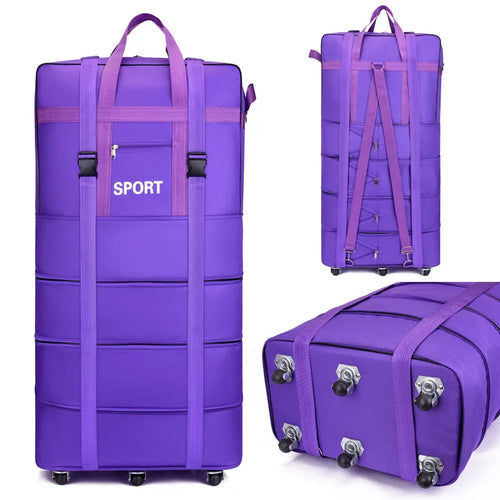Purple travel bag with wheels, durable material for sports and travel