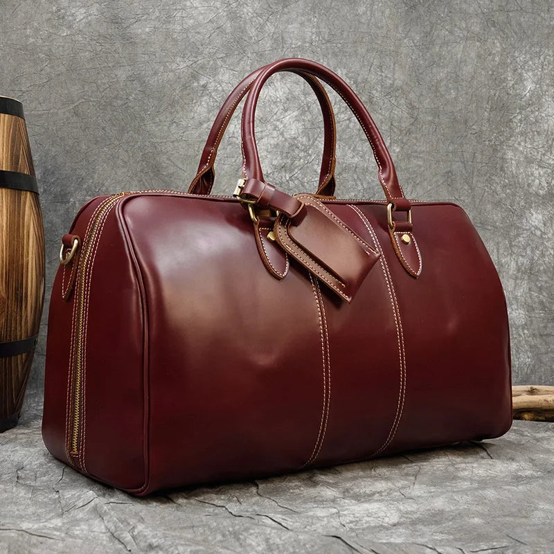 Brown leather weekend travel bag, perfect for trips and getaways