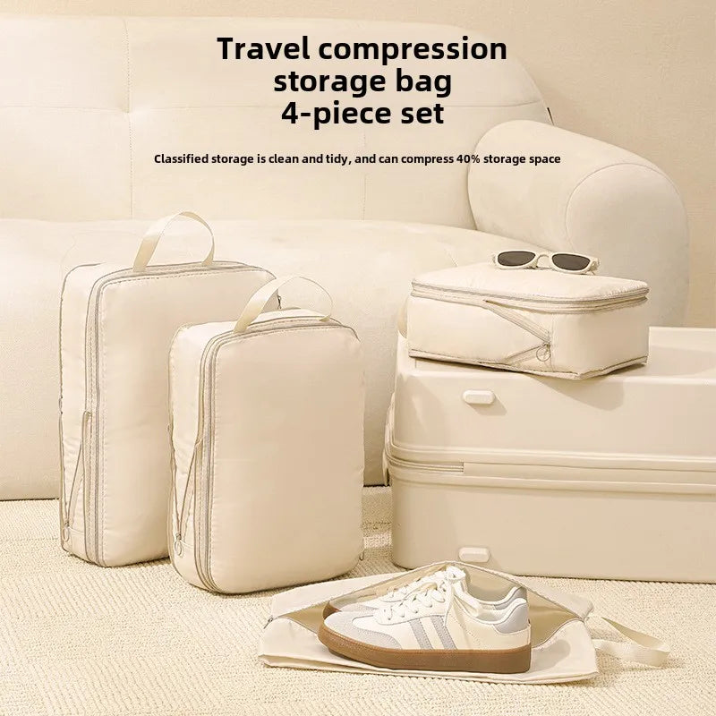Travel compression packing cubes in beige, 4-piece set for organized packing