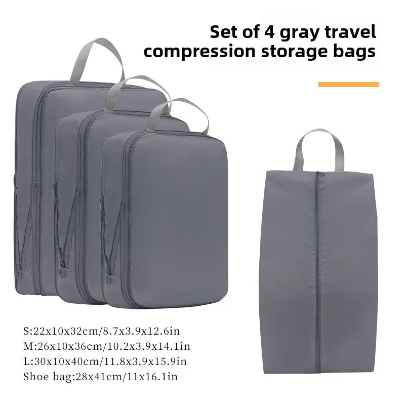 Set of 4 gray travel compression packing cubes for organized luggage