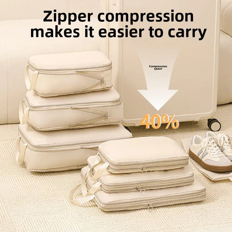 Beige travel compression packing cubes for efficient luggage organization