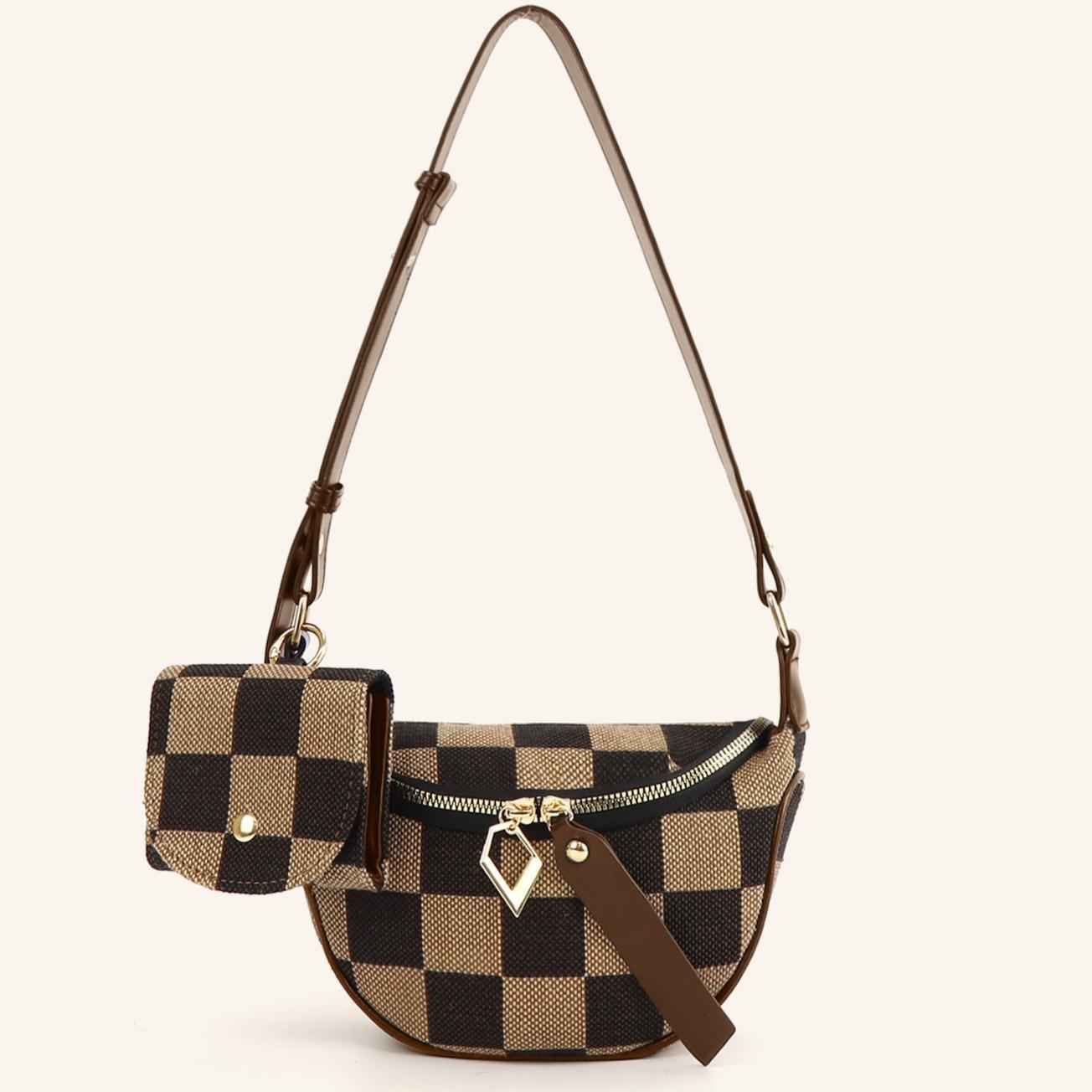 Brown and black checkered travel friendly pencil case with detachable pouch and adjustable strap