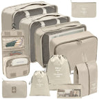 Beige travel luggage organizer set for efficient packing and travel storage