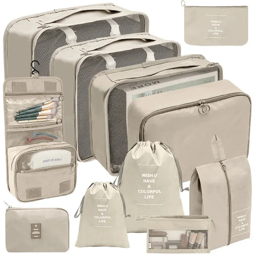 Beige travel luggage organizer set for efficient packing and travel storage
