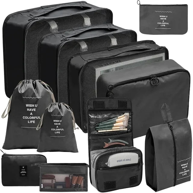 Black travel luggage organizer set for efficient packing and storage