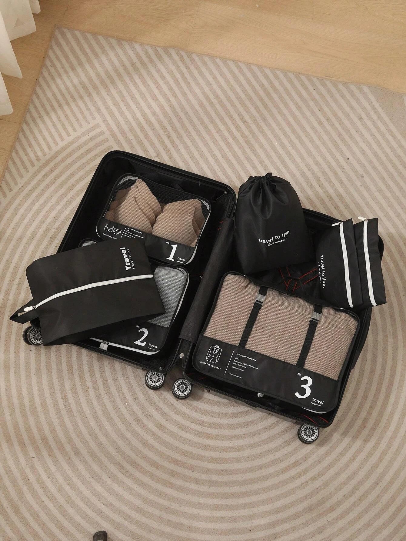 Travel luggage organizer set in black for efficient packing