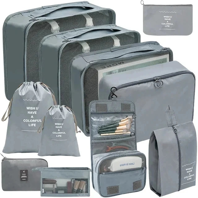Gray travel luggage organizer set for efficient packing and storage