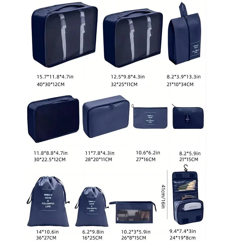 Navy travel luggage organizer set, durable fabric, keeps items organized