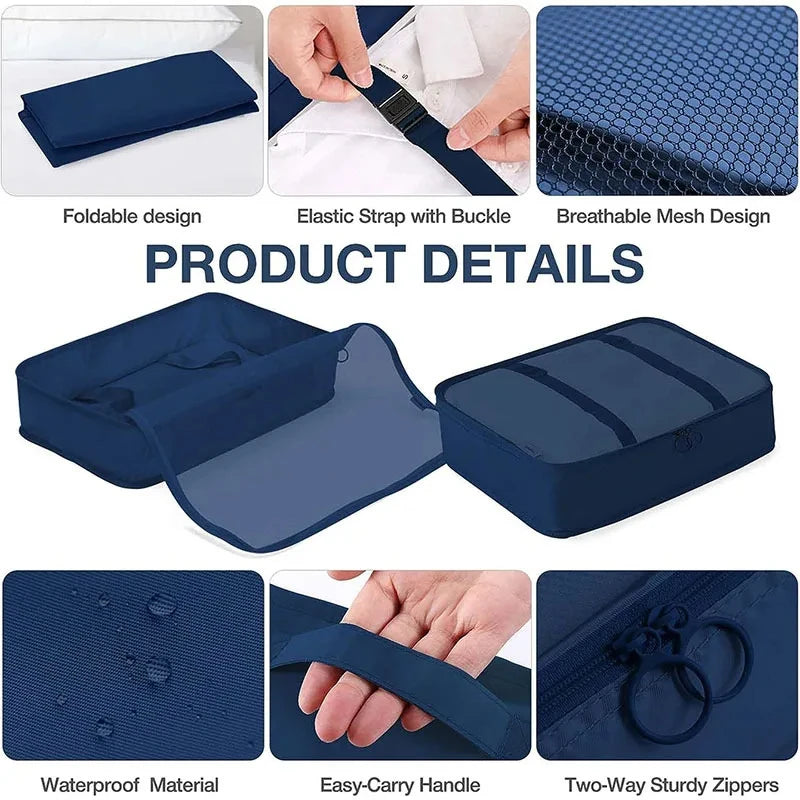 Navy blue travel luggage organizer set with waterproof material and breathable mesh